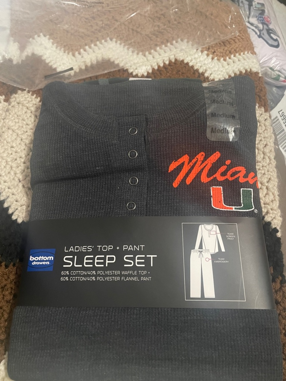 Ladies' Miami hurricanes Waffle Sleep Set - Black with Orange & Green Logo
